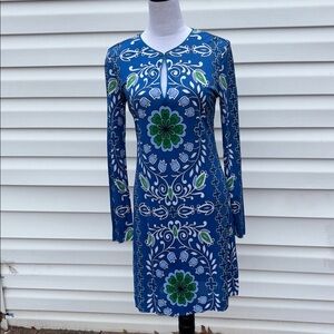 Tory Burch Blue and Green Floral Long Sleeve Dress